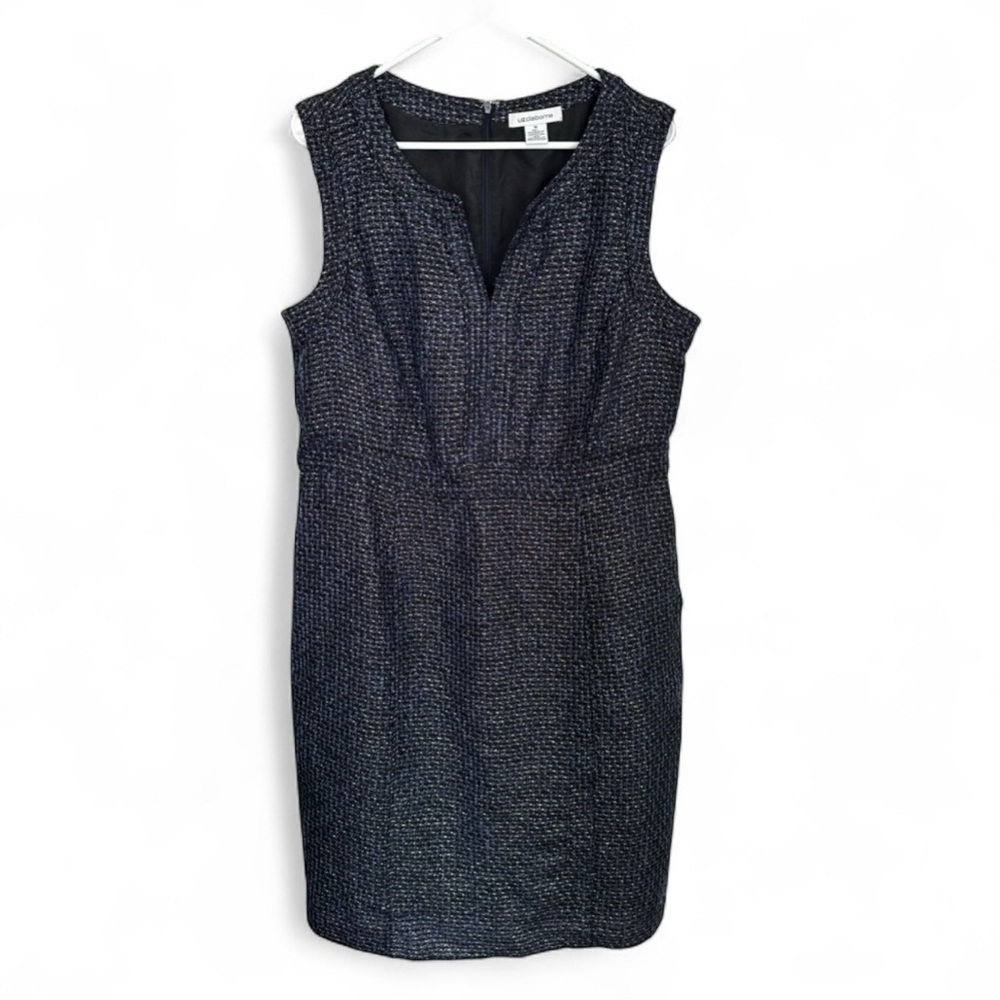 Liz Claiborne Metallic Tweed Sheath Dress Size 16 Blue Gray Sleeveless V-Neck
